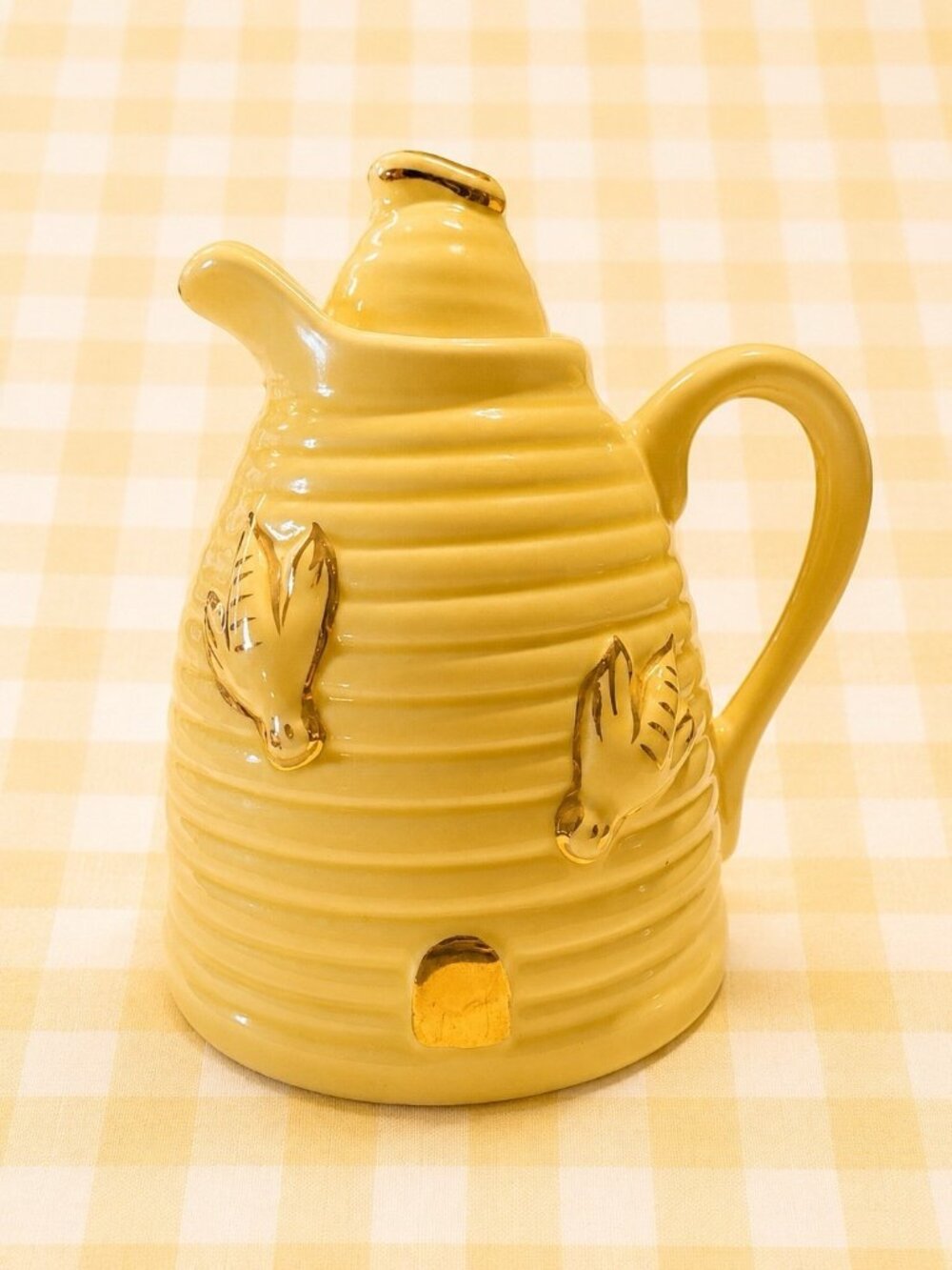 Vintage Beehive Honey Pot Yellow Ceramic Gold Bee Details 4.5” - Picture 2 of 10